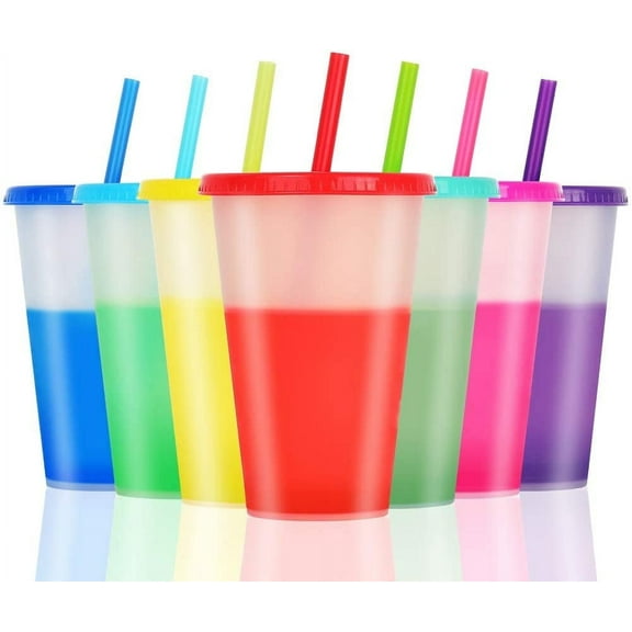 GIXUSIL Color Changing Cups Tumblers with Lids Straws - 7 Bulk Tumblers Plastic Cold Cups for Adults Kids 16oz Reusable Tumblers-Multicolor