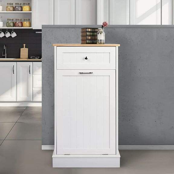 Tolead Single Tilt Out Trash Cabinet with Hideaway Drawer, Coffee, 10 Gallon, White
