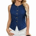 thumbnail image 2 of Women's Button Down Denim Vest Sleeveless Tank Tops Crew Neck Slim Fit Jean Jacket Waistcoat with Pockets Dark Blue L, 2 of 9