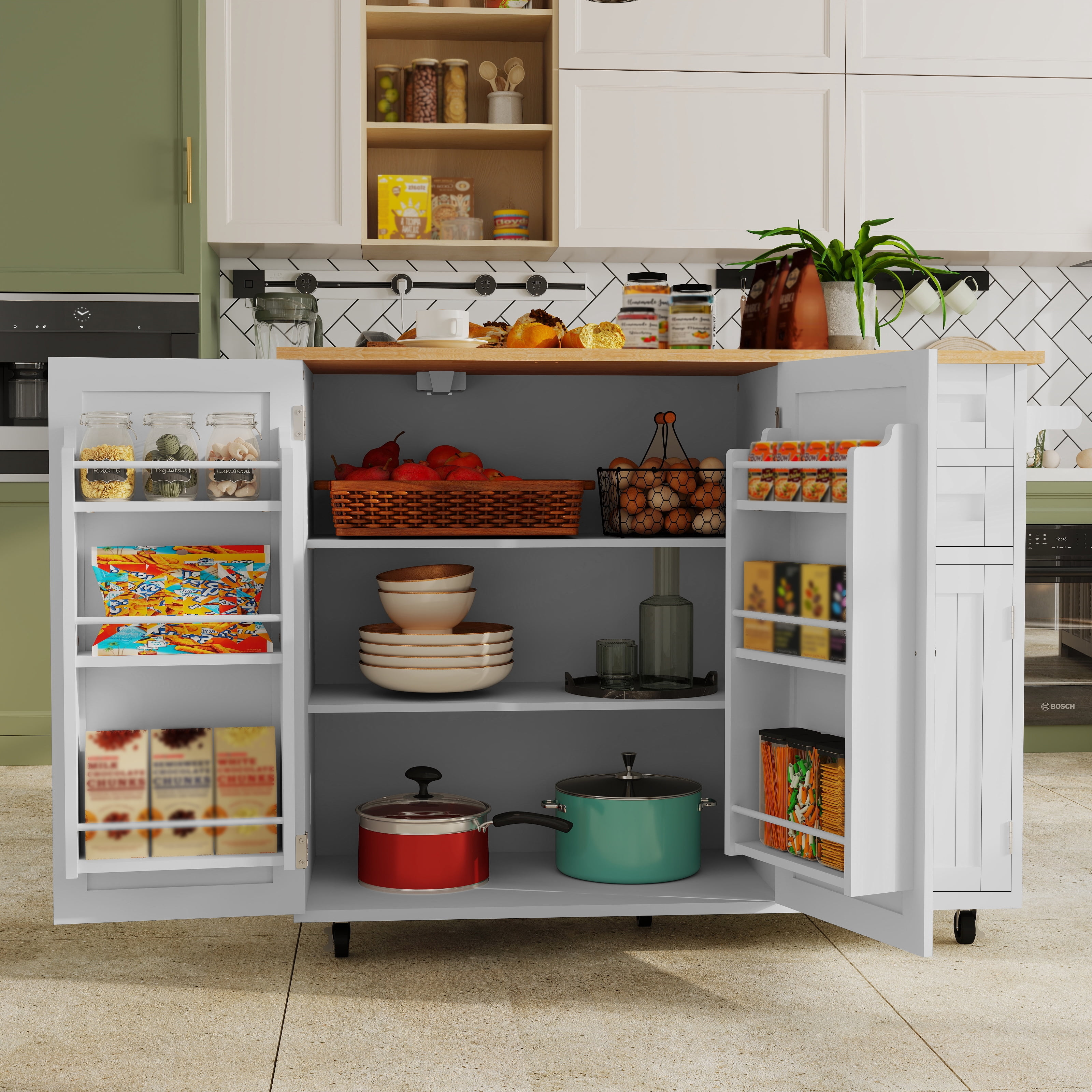 50.4" Kitchen Island with Storage,  Expandable Solid Wood Top Cart with Drop Leaf and Wheels, White