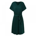 thumbnail image 1 of Femmes Mini Robe Taille Haute Manches Courtes Basique Robe Fluide Ample Ajustement V Cou Solide Couleur Ceinture Robe de Soirée, 1 of 9