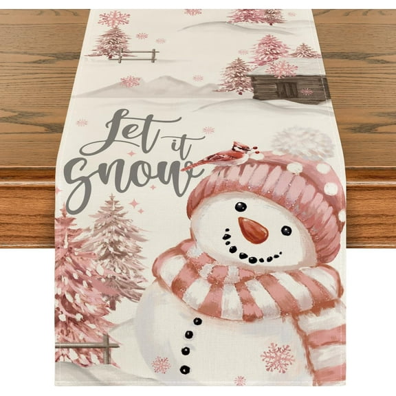 Xmas Trees Let It Snow Snowman Christmas Table Runner, Seasonal Winter Holiday Kitchen Dining Table Decoration for Home Party Decor 13x72 Inch