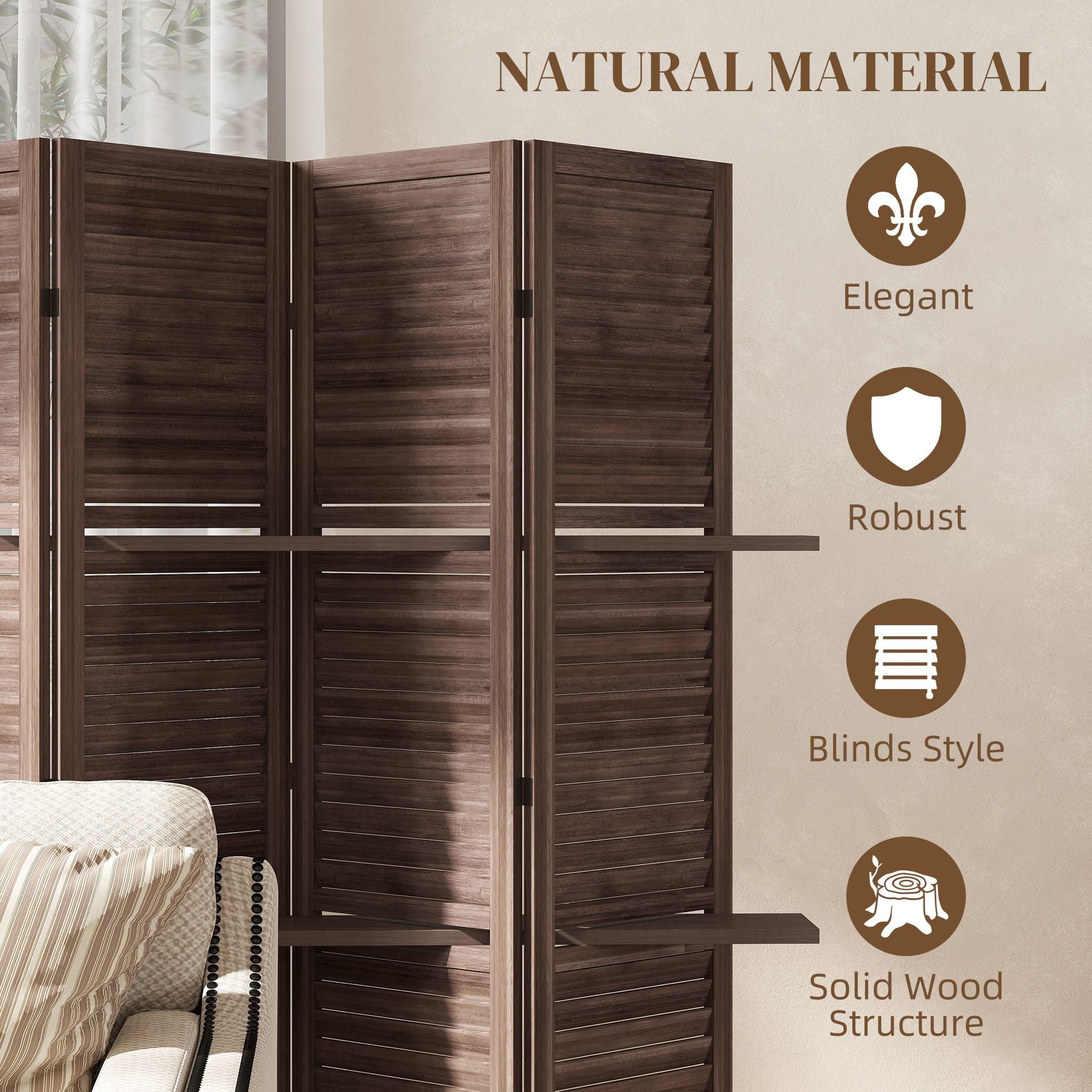 Alvantor 5 Panel Room Divider 67" Wood Privacy Screen with Storage Shelves for Porch Living Room Dorm Walnut