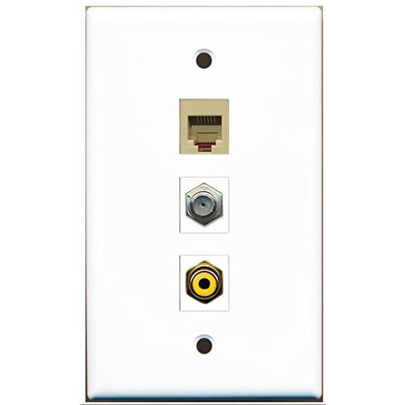 RiteAV - 1 Port RCA Yellow and 1 Port Coax Cable TV- F-Type and 1 Port Phone RJ11 RJ12 Beige Wall Plate