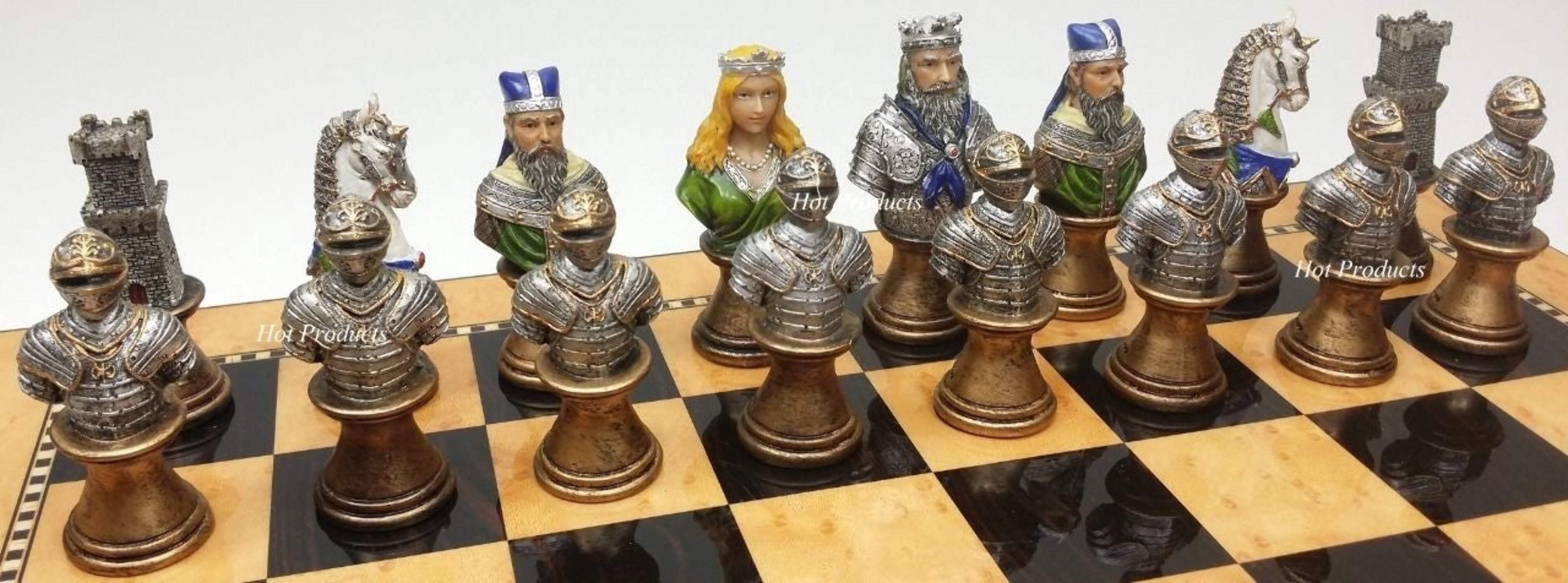 Medieval Times Crusades Busts PAINTED Chess Set 15" Walnut  Maple Color Board