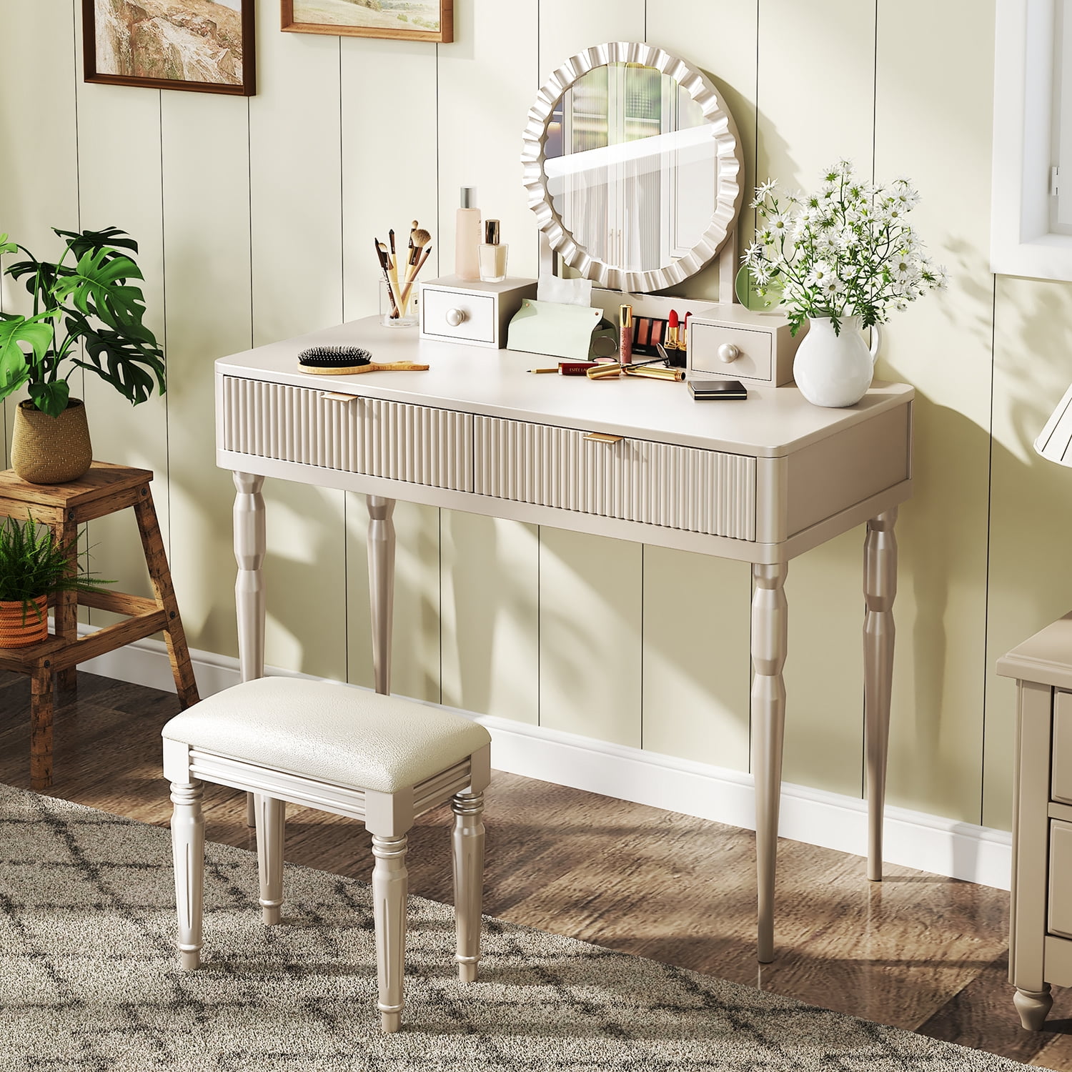Homy Casa Makeup Vanity Table with Round Mirror, 4 Drawers & Stool, Cream White