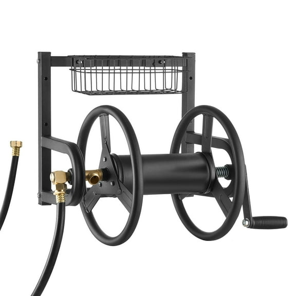 Wall Mounted Garden Hose Reel Heavy Duty Manual Outdoor 125 ft 5 8 inch Hose Capacity Brass Fitting Storage Basket Space Saving Lawn Yard