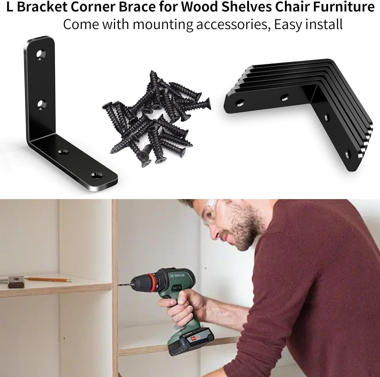 L Bracket Corner Brace, 6Pcs 65x65mm Joint Right Angle Brackets Heavy Duty Stainless Steel 90 Degree Bracket Fastener for Wood Shelves Chair Tables Dressers Furniture with Screws, Black