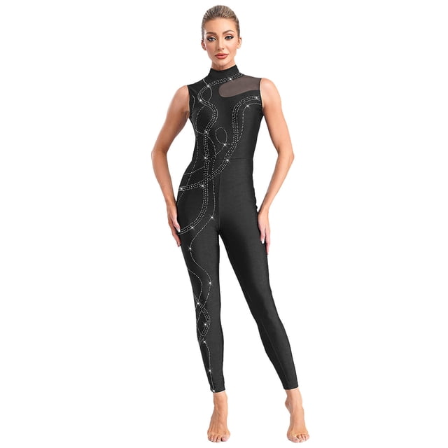 Xnihocha Combinaison de Gymnastique Sans Manches avec Strass Scintillants pour Femmes Noir S