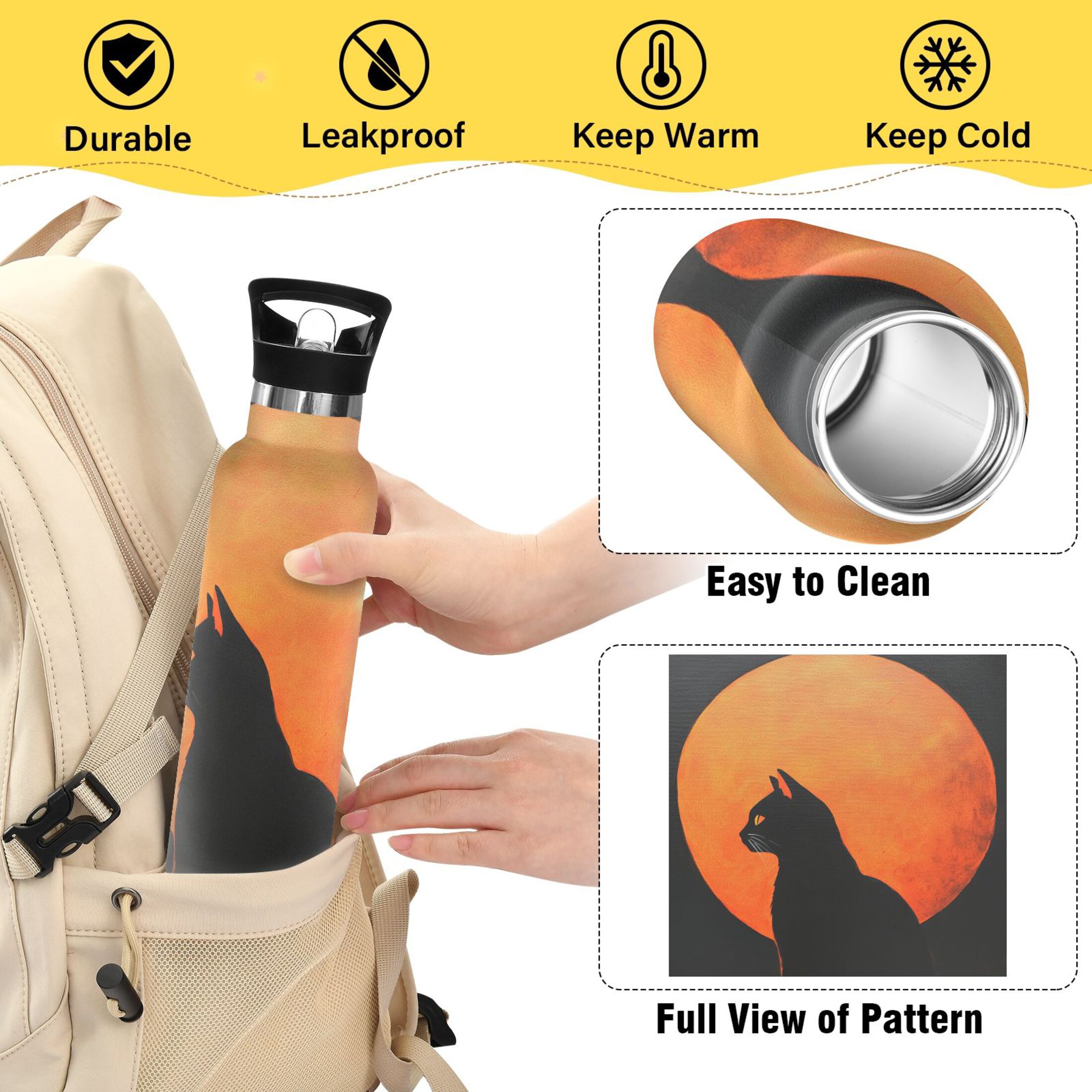 600ML Stainless Steel Insulated Cup Sports Water Bottle Portable Thermos Cup Water Glasses Insulated Tumblers Convenient and Durable Moon Black Cat
