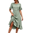 thumbnail image 2 of Ayolanni Lightweight Summer Dresses for Women 2026 Flutter Sleeve Short Sleeve Crew Neck Solid Maxi A-Line Dress Ruffle Vacation Beach Ruched Waist Casual Sundress Green L, 2 of 9