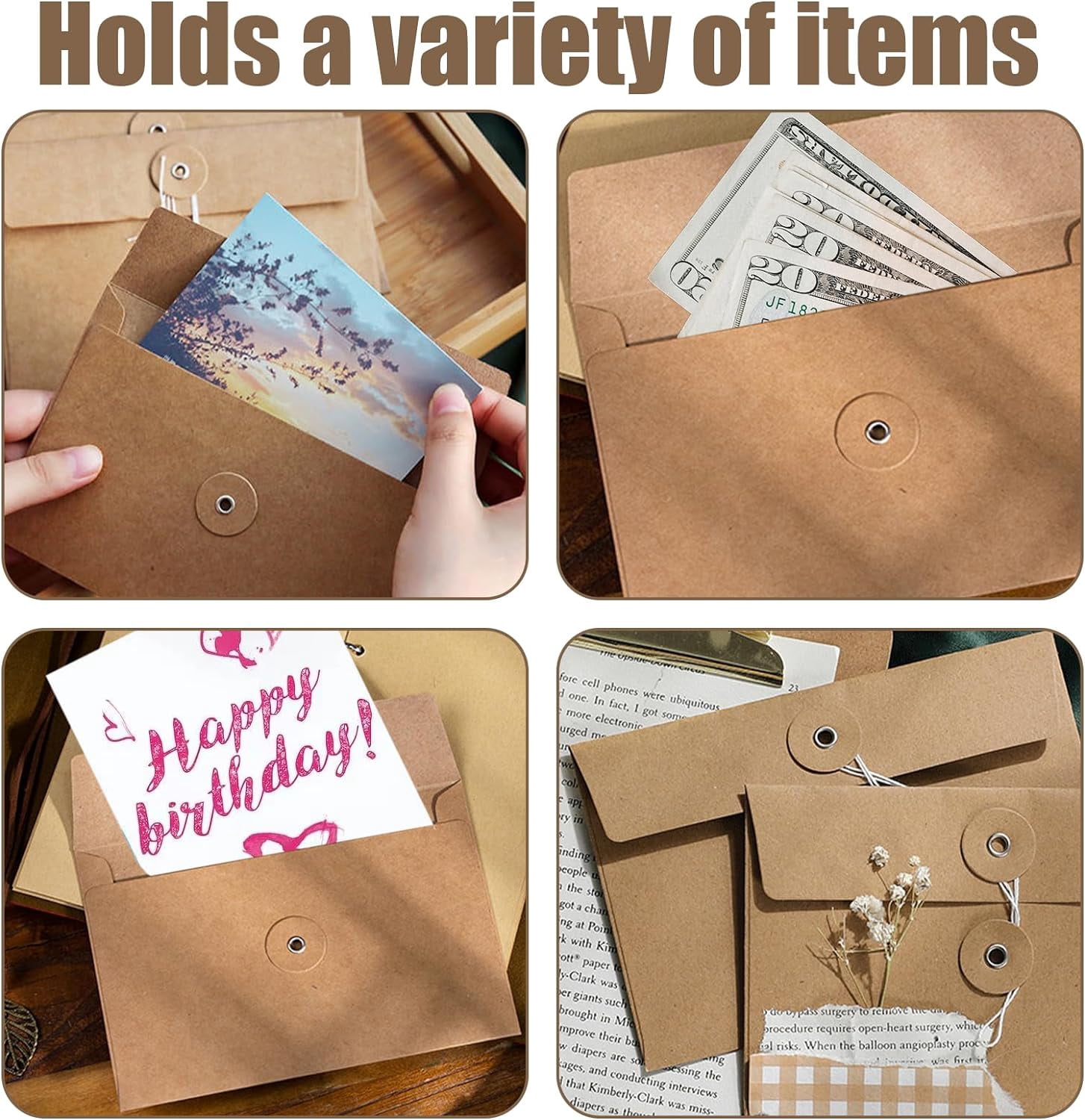 36 Pcs Brown Envelopes 6"x4" with Button and String Closure, String Tie Craft Envelopes, Decorative Vintage Envelopes Pockets for Letters Postcard Greeting Card Invitations (36)