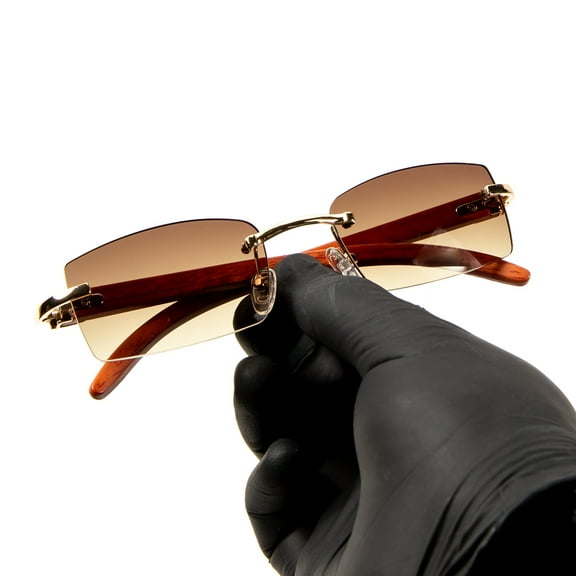 Gold Frame Woodgrain Rimless Rectangle Men Women's Brown Tint Hip Hop Sunglasses