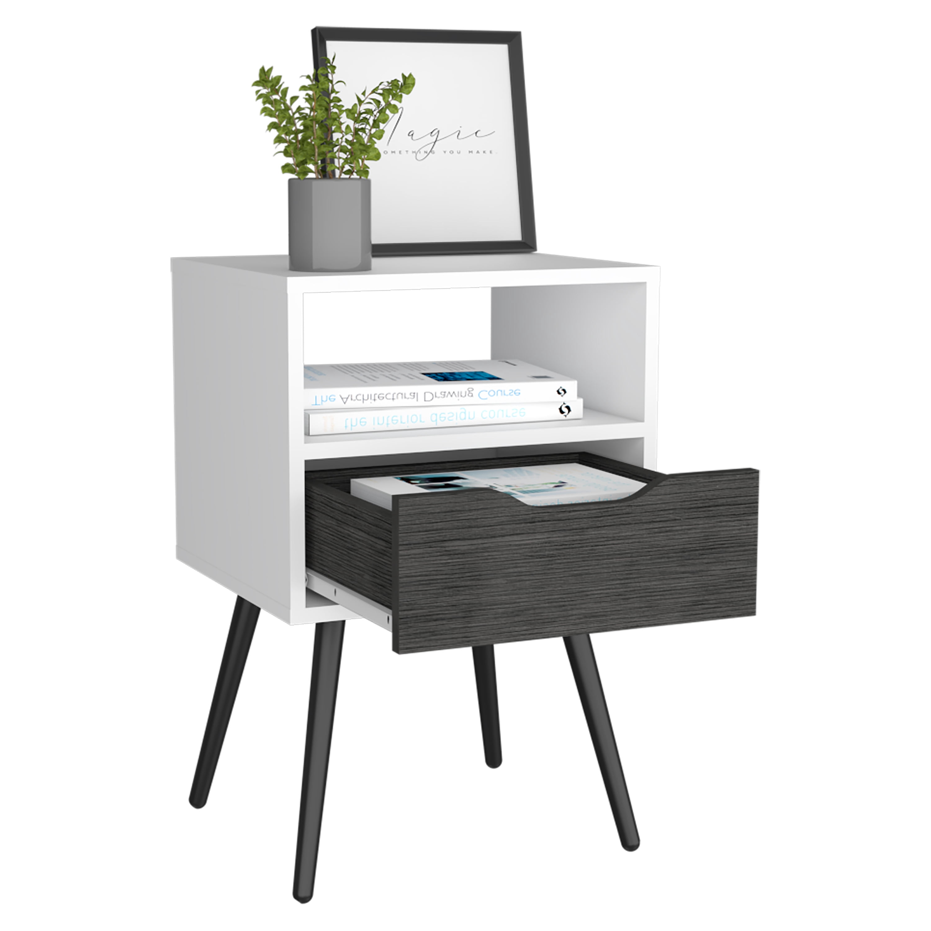 Otom Nightstand, Superior Top, One Open Shelf, One Drawer, Four Legs
