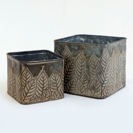 Set Of 2 Gray With White Leaf Pattern Planters