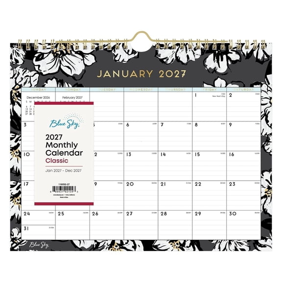 Blue Sky 2027 Monthly Wall Calendar, January 2027 - December 2027, Durable Twin Wire Binding, 11" x 8.75", Perfect For Home, Office And Classrooms, Baccara Dark
