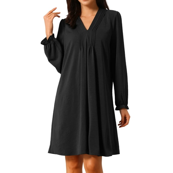 DARING DIVA Knee Length Long Sleeve V Neck Pleated Flowy Loose Dress S Black