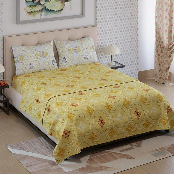 Drap Double 100 % Coton avec 2 Taies d'Oreiller Taille - 87 X 95 Pouces, Jaune / 125 Fils Léger et Durable - Cadeau pour Pendaisons de Crémaillère, Mariages, Anniversaires