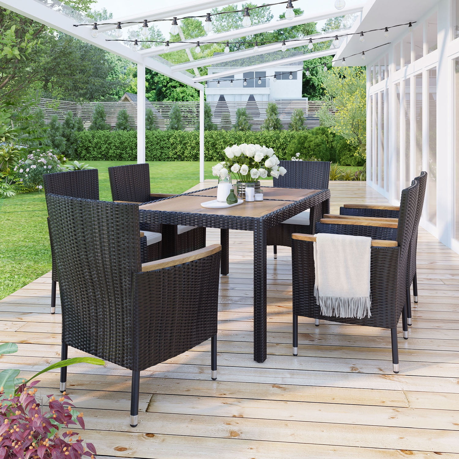 Kadyn 7-Piece Outdoor Patio Dining Set, Garden PE Rattan Wicker Dining Table and Chairs Set for 6-Person, Stackable Armrest Chairs with Cushions, Brown