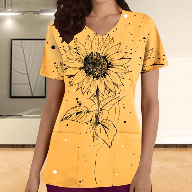 Fiudx Camisetas para Mujer Top de Enfermera Informal con Cuello En V y Manga Corta con Bolsillo Estampado para Mujer