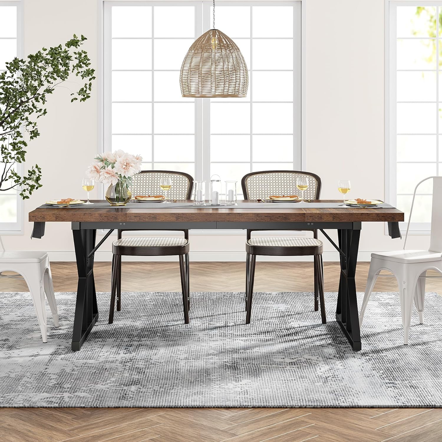 Finmind Farmhouse Dining Table for 6, 71" Rectangular Wood Kitchen Table for Dining Room, Kitchen(Brown/Black)