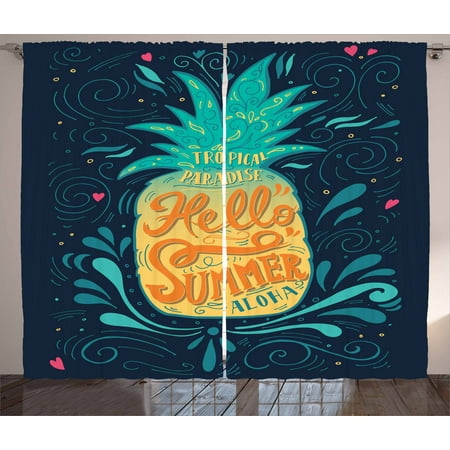 Tropical Curtains 2 Panels Set, Hello Summer Quote Pineapple with Hearts Swirls and Teardrop Shapes Background, Window Drapes for Living Room Bedroom, 108W X 63L Inches, Multicolor, by