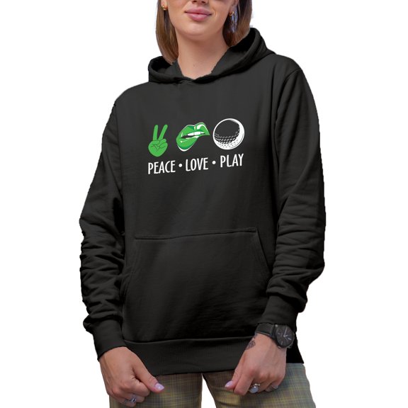 Peace Love Play with a Hand, Lip & Ball, Golf Player, Golfing or Golfer Themed Merch Gift, Black Hooded Sweatshirt or Hoodie, Large