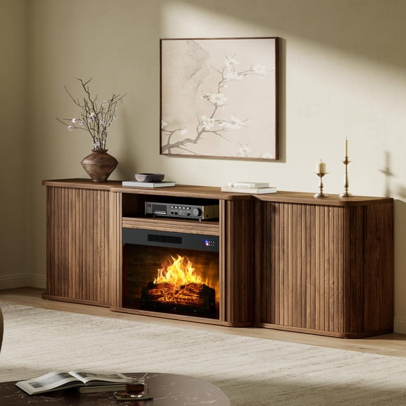 Papajet 70" Fluted Electric Fireplace TV Stand, Mid Century Modern, Walnut, Entertainment Center for 80" TVs, Sliding Tambour Doors, Hidden Storage