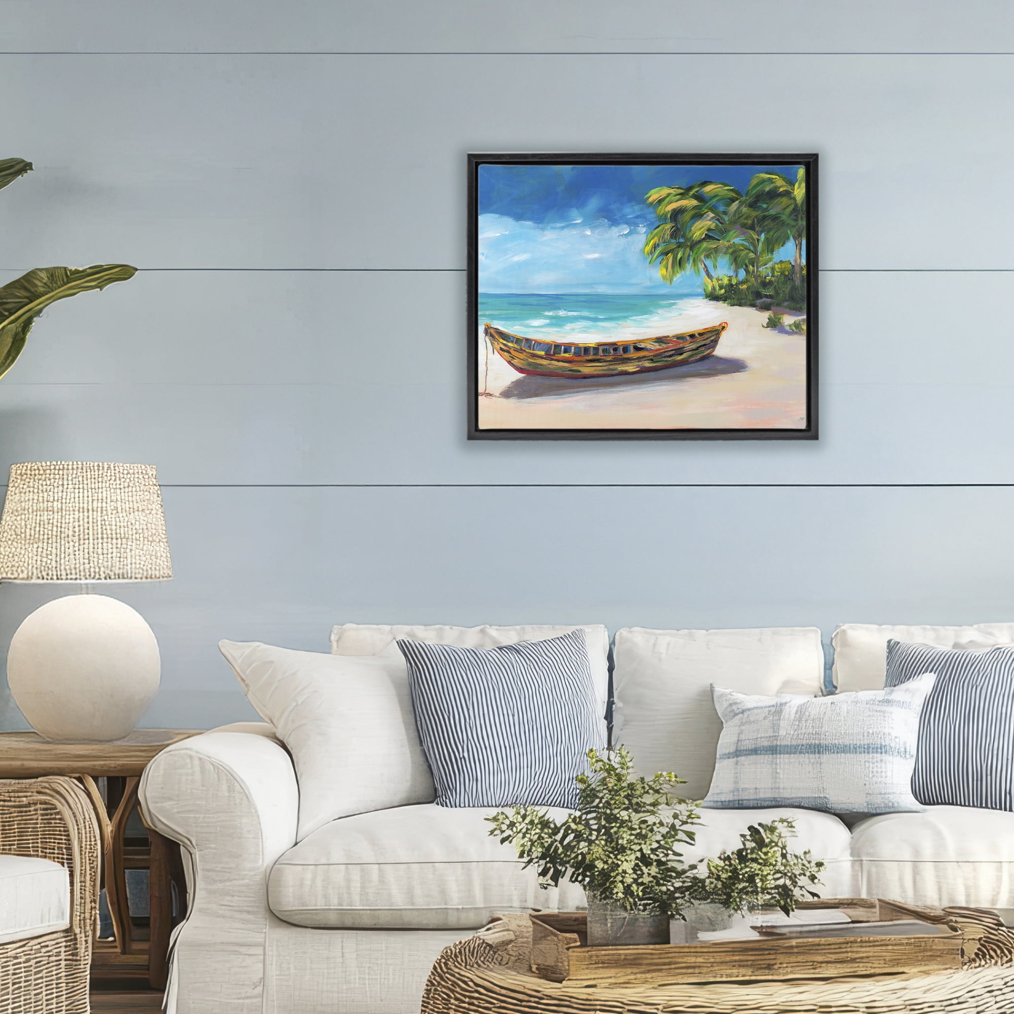 Stupell Industries Boat on Lost Island Black Framed Floater Canvas Wall Art, design by Julie DeRice