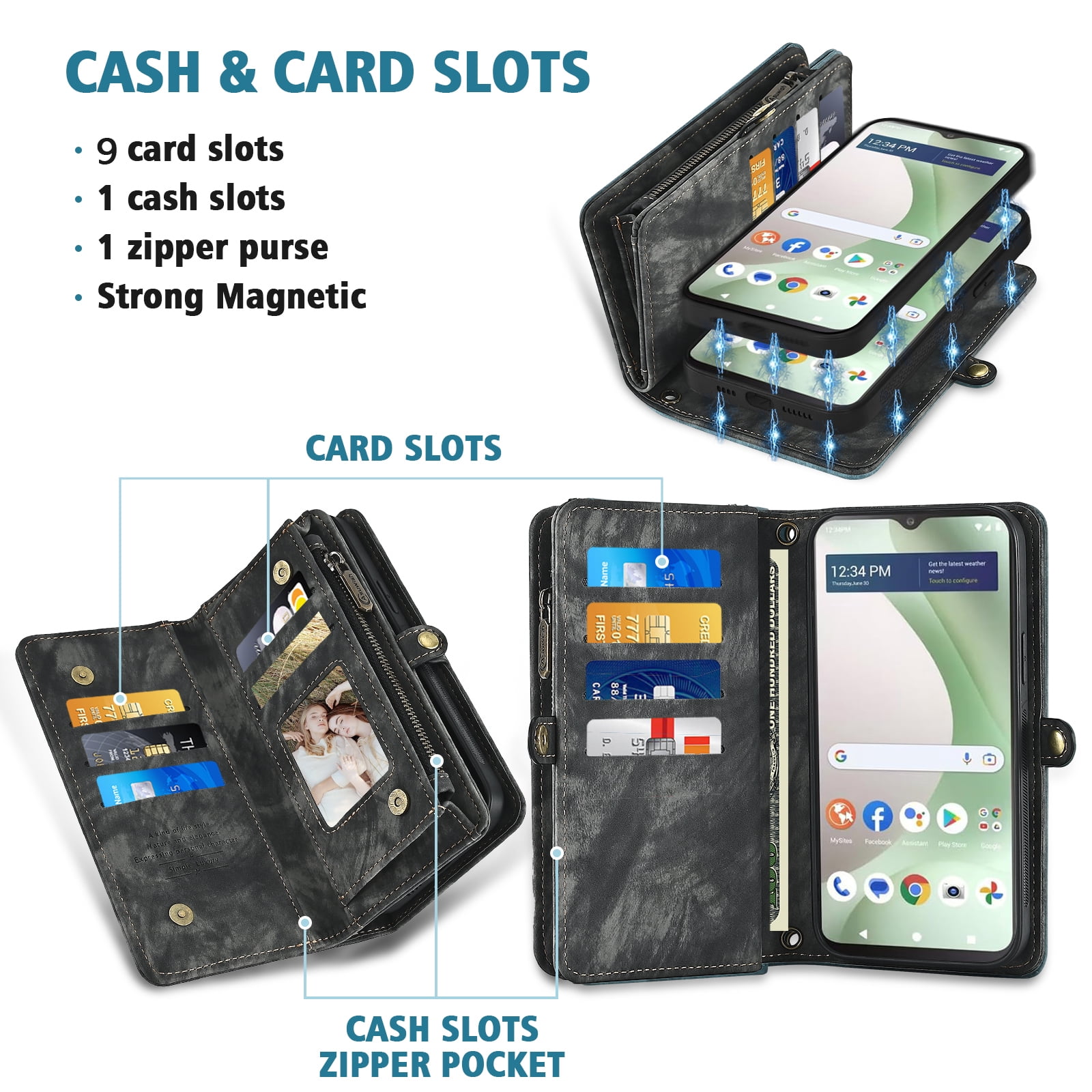 Asuwish Phone Case for Tracfone BLU View 5 B160V Zipper Wallet Detachable Cell Cover with Tempered Glass Screen Protector Crossbody Strap Flip Card Holder Trac Fone BLUE View5 160V 2024 Women Black