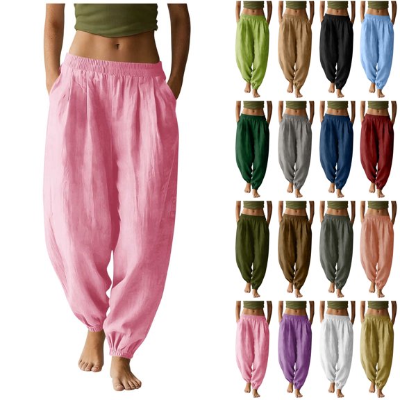 Bloomae Baggy Harem Pants for Women Boho Elastic High Waist Lounge Ankle Cuffed Tapered Leg Long Pants Loose Comfy Beach Vacation Lounge Trousers with Pockets