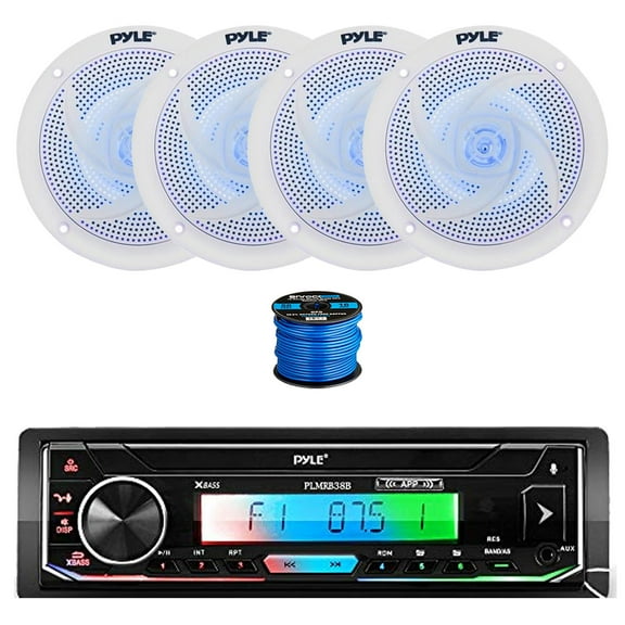 Pyle PLMRB38B Single DIN MP3 USB/AUX Bluetooth Marine Stereo Receiver, 4X 5.25" 180 Watt 2-Way Slim Low Profile Blue Flashing LED Audio Speakers (White) w/ Wire