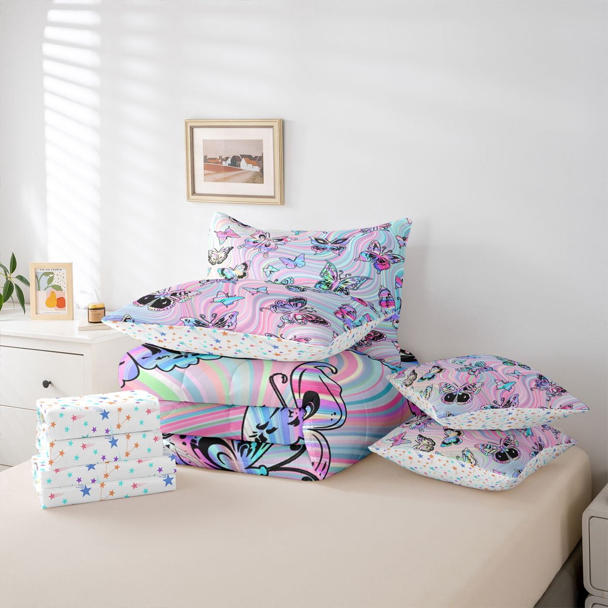 jejeloiu Bohemian Cartoon Butterflies 7-Piece Twin Bedding Sets,Colorful Fulid Art Bedding Comforter Set,Pink Blue Ombre Sheet Sets For Girls Teens,Super Cozy Room Decor Reversible