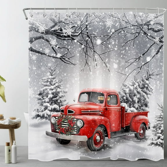 Red Truck Christmas Shower Curtain Decor, Xmas Wreath and Pine Tree on Retro Truck Winter Snow Shower Curtain for Bathroom 69x70 Inch Polyester Fabric Bathroom Decoration Bath Curtains Hooks Included