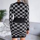 thumbnail image 5 of Vestido ajustado para mujer, cuello en V, manga larga, diseño de tablero de ajedrez, vestido de punto a la cadera para otoño e invierno, negro M, 5 of 7