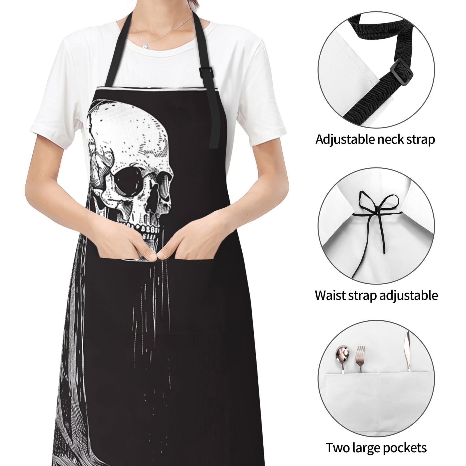 Kdxio Gothic Skull Drape Apron with Pockets Adjustable Kitchen Aprons for Men Women Waterproof Aprons for Cooking,Drawing,Crafting, Baking Household Cleaning