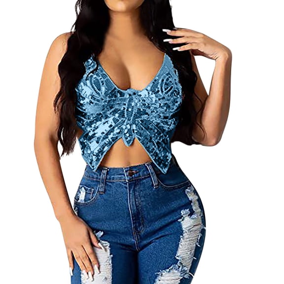 Blue Tank Tops for Women 2024, Camisole Tops for Women, Women's Solid Color Halter Neck Sequin Butterfly Top Sexy Hot Girl Vest Small Suspenders, M