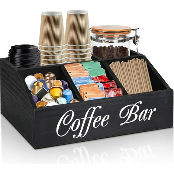 WLGJL Coffee Station Organizer for Counter, Wood Pods Holder Storage Basket, Tea Condiment Storage Organizer, Coffee Bar Decor for Accessories Organizer