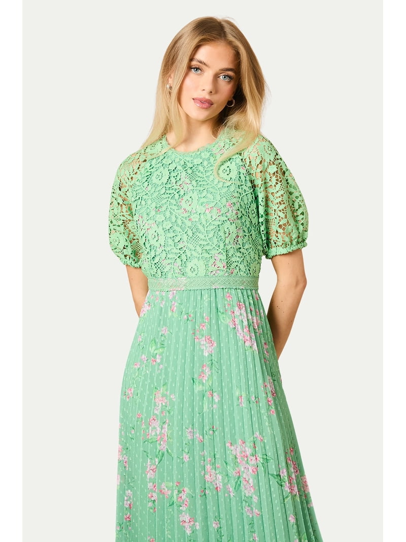 green floral pleated midi dress Forest Green Floral Pleated Chiffon Plus Midi Dress