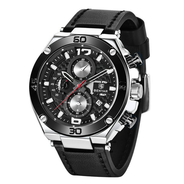 Men s watch quartz movement men s chronograph leather strap and waterproof business casual Walmart