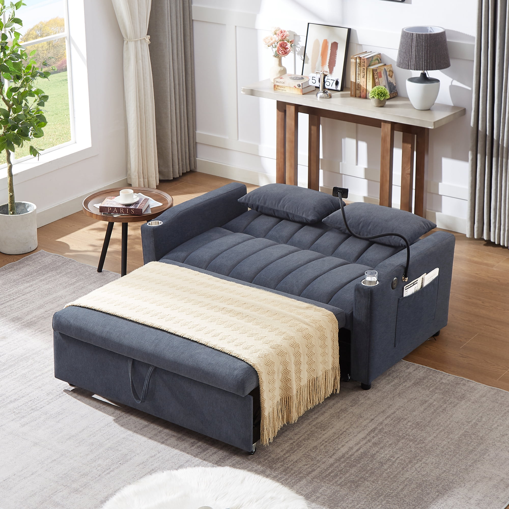 EUROCO 1100LBS Queen Pull Out Sofa Bed, 55.9" Convertible Sleeper Loveseat with 3 USB Ports, 2 Side Pockets,2 Cup Holders and 360°Swivel Phone Holder,Modern Loveseat Sofa for Living Room