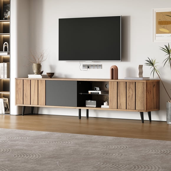 TV Stand with 3 Door, 2-tier open shelving, Wood-Grain Finish, TV Storage Cabinet, TV Entertainment center for livingroom bedroom, Media Console, TV unit, 68.9*12.4*17.75 inches, for 75 inch TV