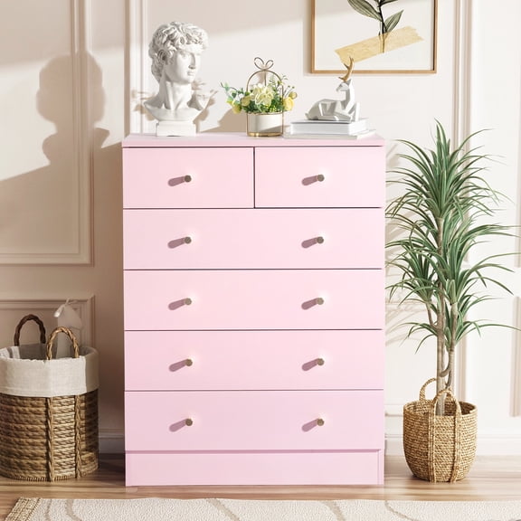 5-Tier 6-Drawer Cabinet with Matte Gold Handles, Particleboard Storage Dresser, Pink, 25.98 x 12.99 x 35.04 in