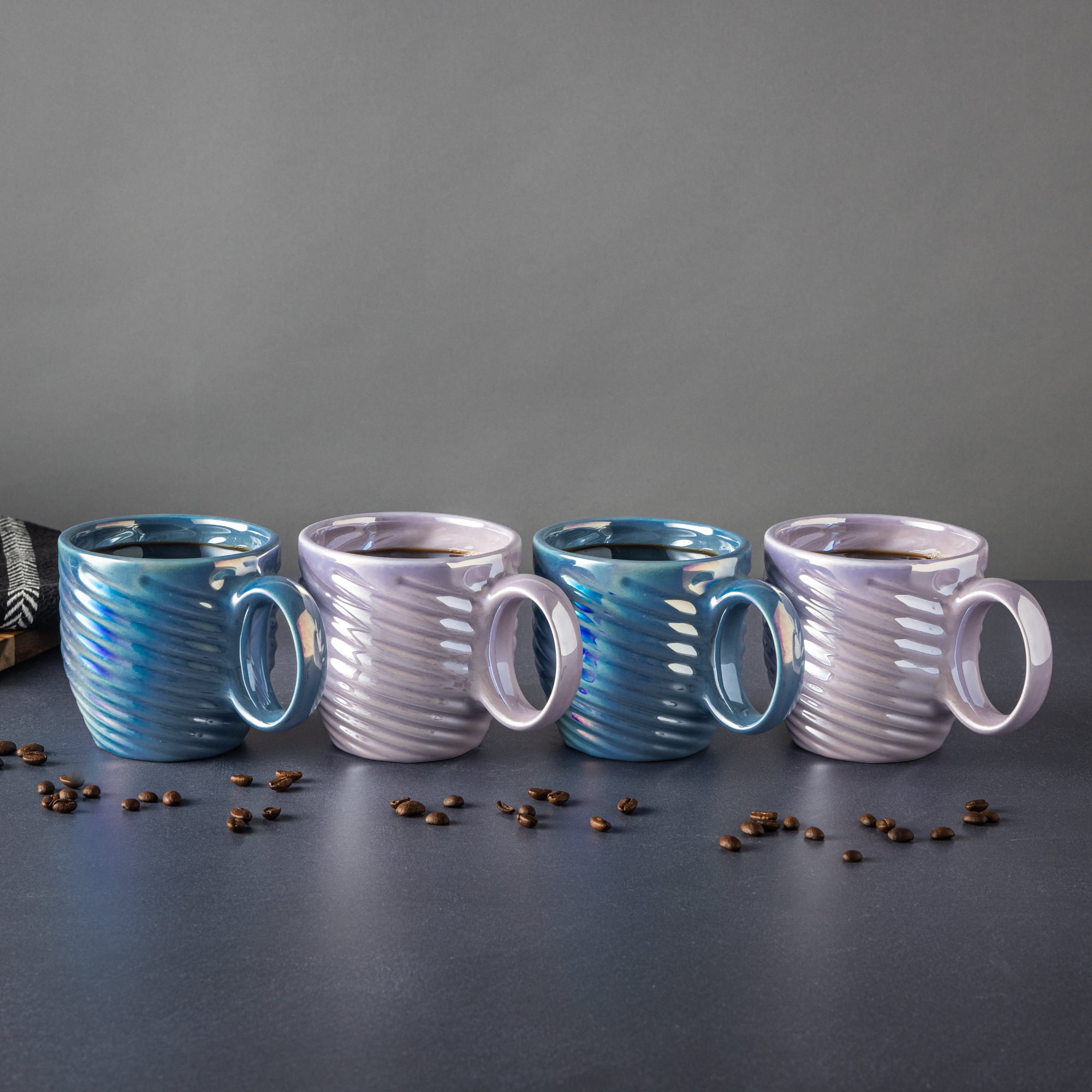 Thyme & Table 4 Pack Blue Pearl and Purple Pearl Swirl Mugs 17.6 fl oz, Stoneware