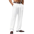 thumbnail image 3 of Havenx Linen Dress Pants for Men Pleat-Front Wide Leg Trousers Linen Baggy Lined Slacks with Pockets Vintage Stylish Loose Fit Work Business Casual Dress Suit Pants,White L, 3 of 6