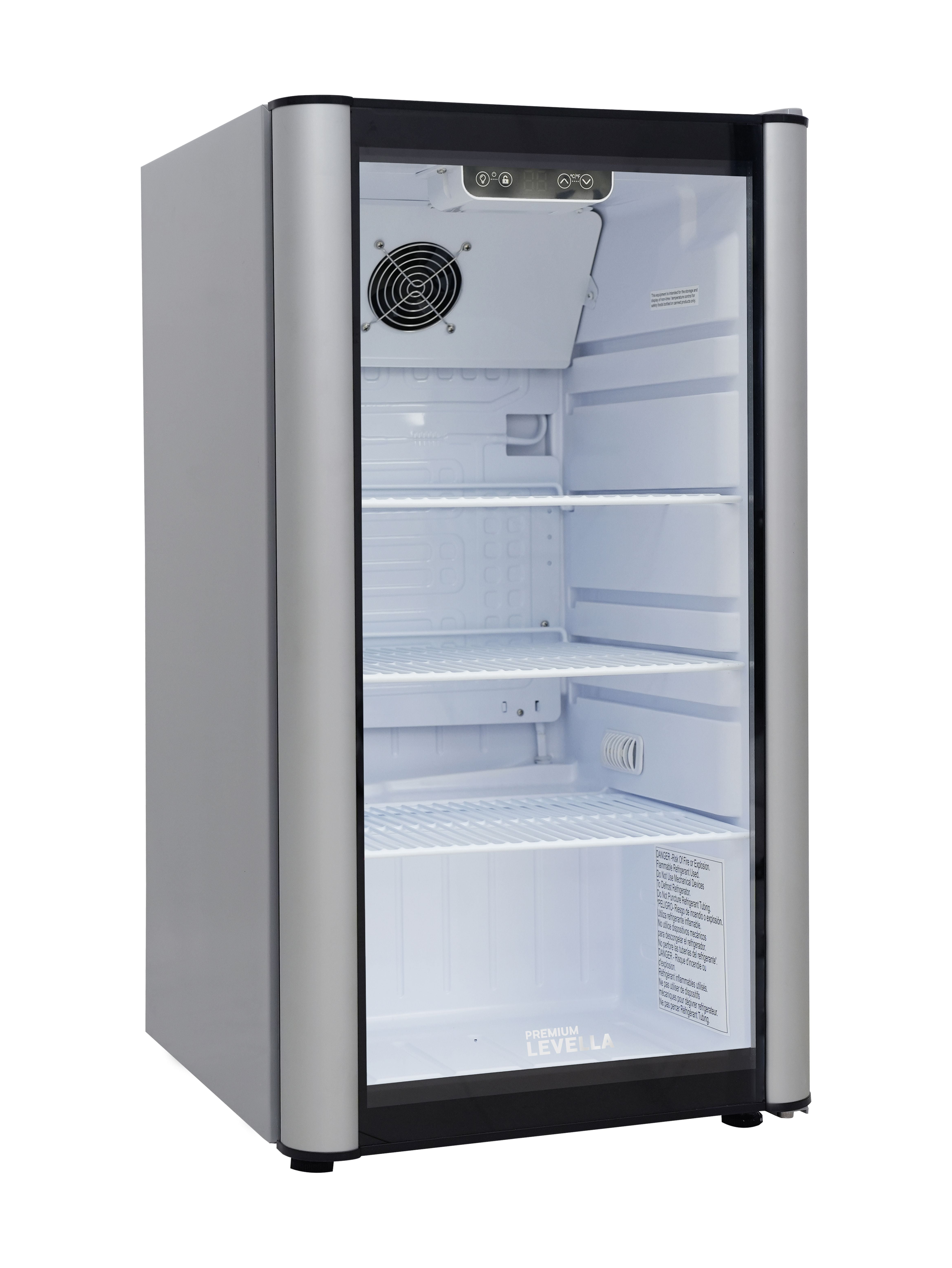 Premium Levella PRF36DX Glass Door Display Refrigerator 3.1 cu ft Commercial Beverage Cooler Merchandiser - Silver