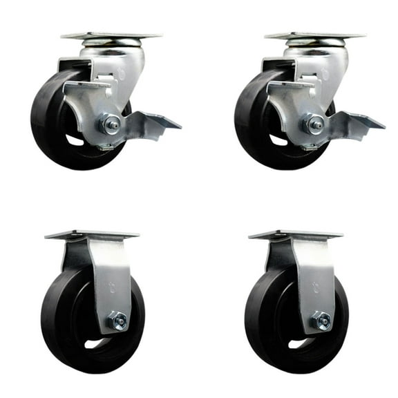 4 Inch Rubber on Cast Iron Caster Set with Ball Bearings 2 Brakes 2 Rigid