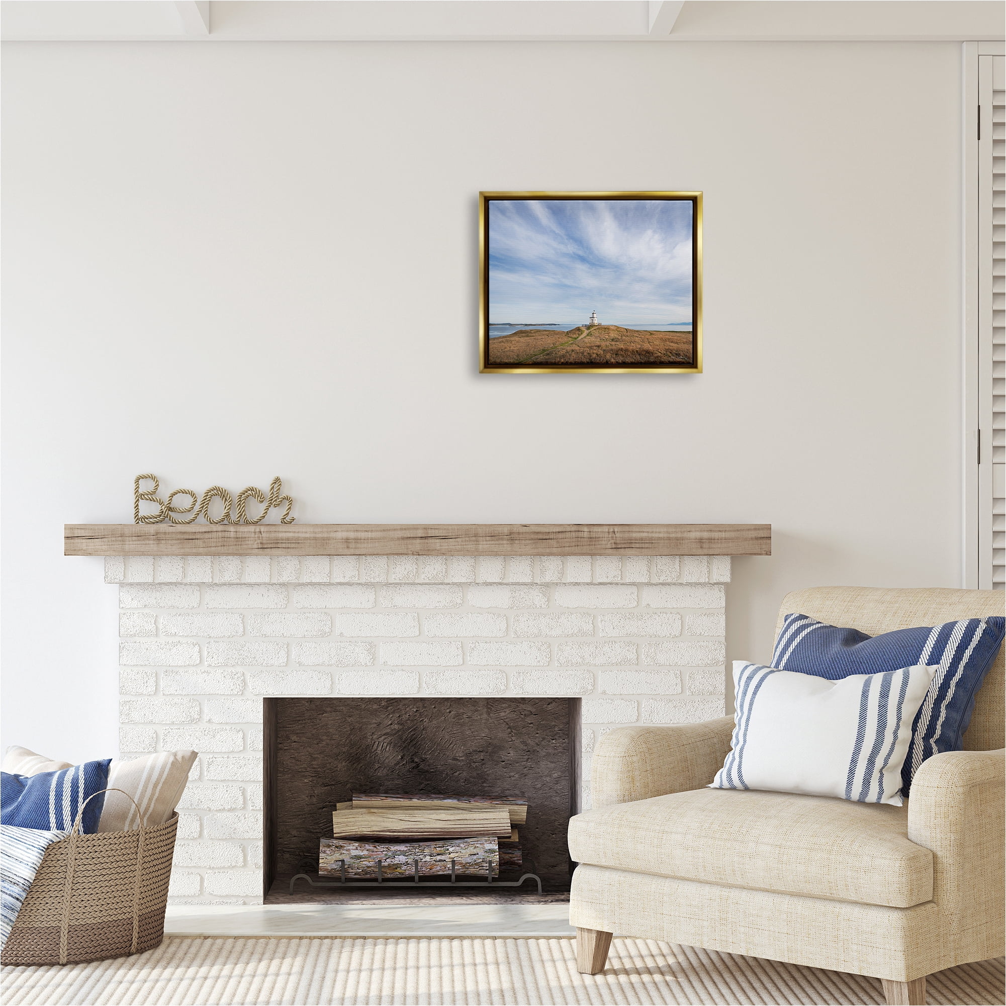 Stupell Industries Nautical Lighthouse Beacon Landscape Photography Gold Floater Framed Canvas Art Print Wall Art, 21 x 17