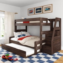 Modern Farmhouse Twin Over Full Bunk Bed With Staircase and Trundle, Barnwood Brown