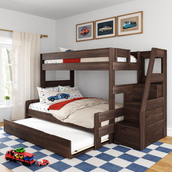 Modern Farmhouse Twin Over Full Bunk Bed With Staircase and Trundle, Barnwood Brown